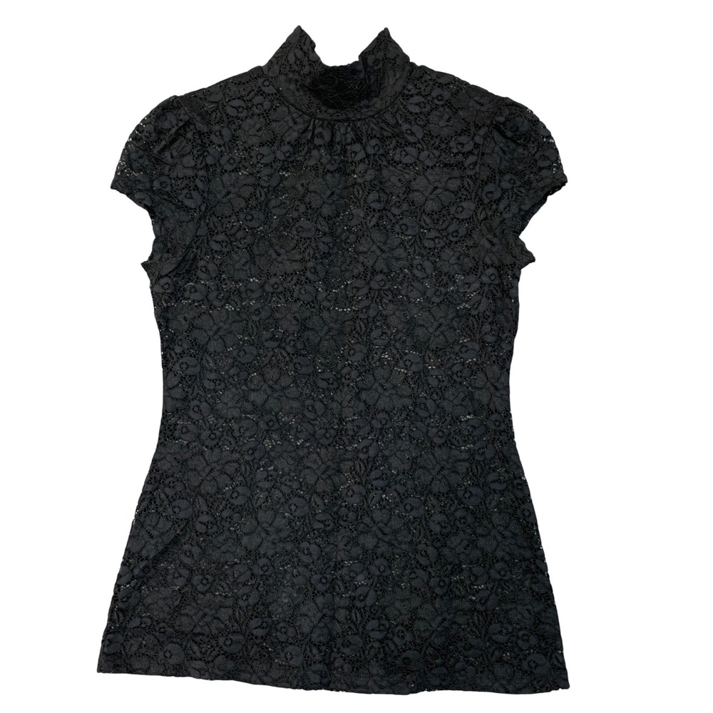 Express Women's S Black Floral Lace Mock Neck Cap Sleeve Top Stretch